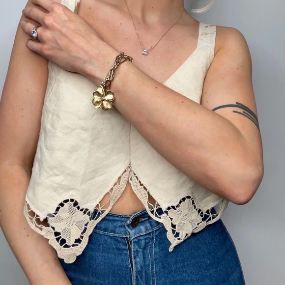 Linen Crochet Doily Lace Detail Neutral Boho Festival Bow Tie Strappy Top - Picture 4 of 4